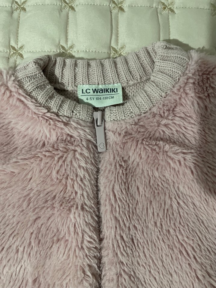 Kız Çocuk Pembe Kürklü Triko Yelek - Görsel 2