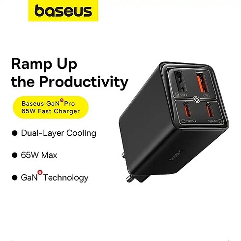 Baseus 65w gan6 Pro sıyah şarj kablo ıcınde mevcut