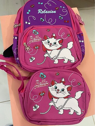 Kedi desenli beslenmeli kız çocuk okul çantası