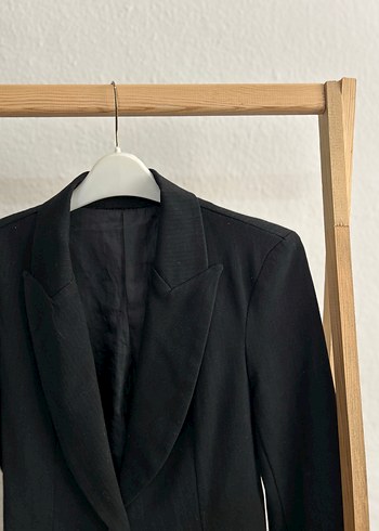 Uzun Siyah Kadın Keten Blazer