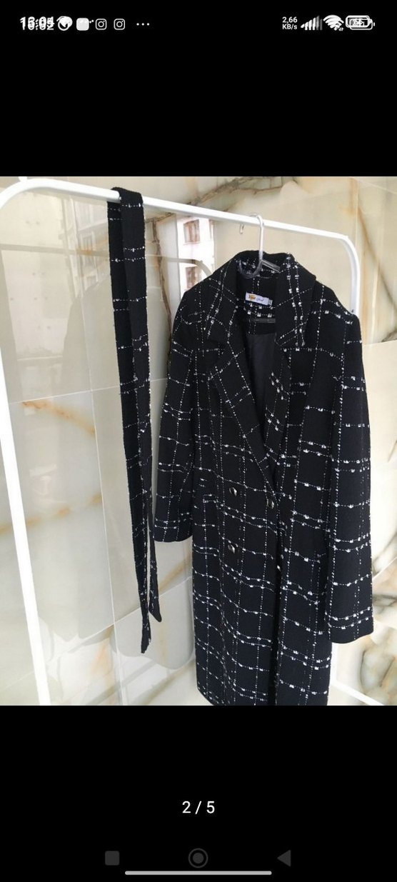 Kemerli Siyah Ekose Desenli Kadın Kaban - Görsel 2