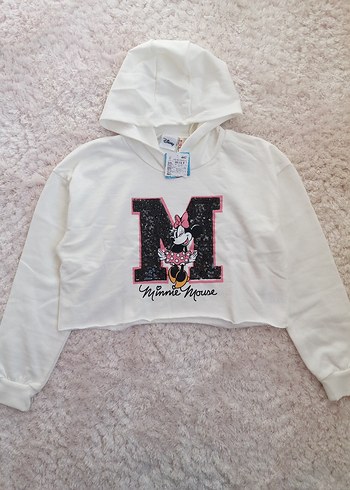 Beyaz Minnie Mouse Baskılı Kapüşonlu Kız Sweatshirt