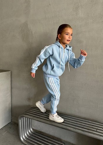 Adidas Kız Çocuk Mavi Kapüşonlu Rahat Eşofman Takımı