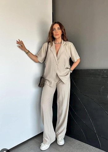 Bej Keten Regular Fit modal Kadın Takım Elbise
