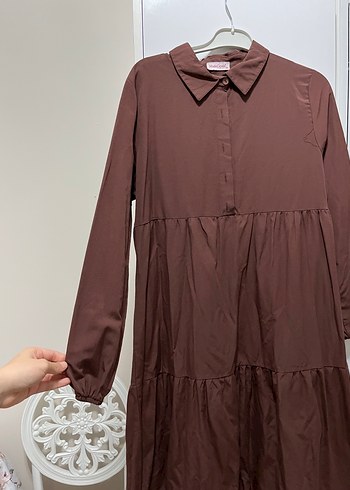 42 Beden kahverengi Renk Düğmeli, Uzun Kollu Kahverengi Keten Elbise