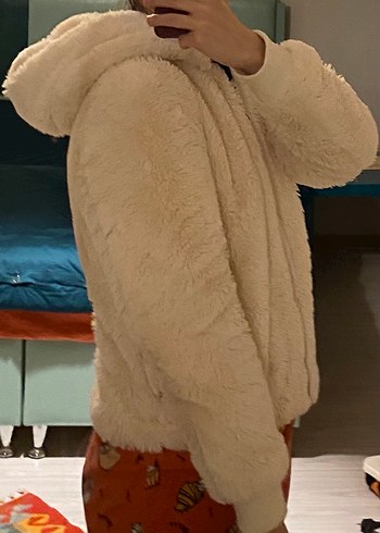 Beyaz Kürklü Kadın Midi Ceket - Görsel 7