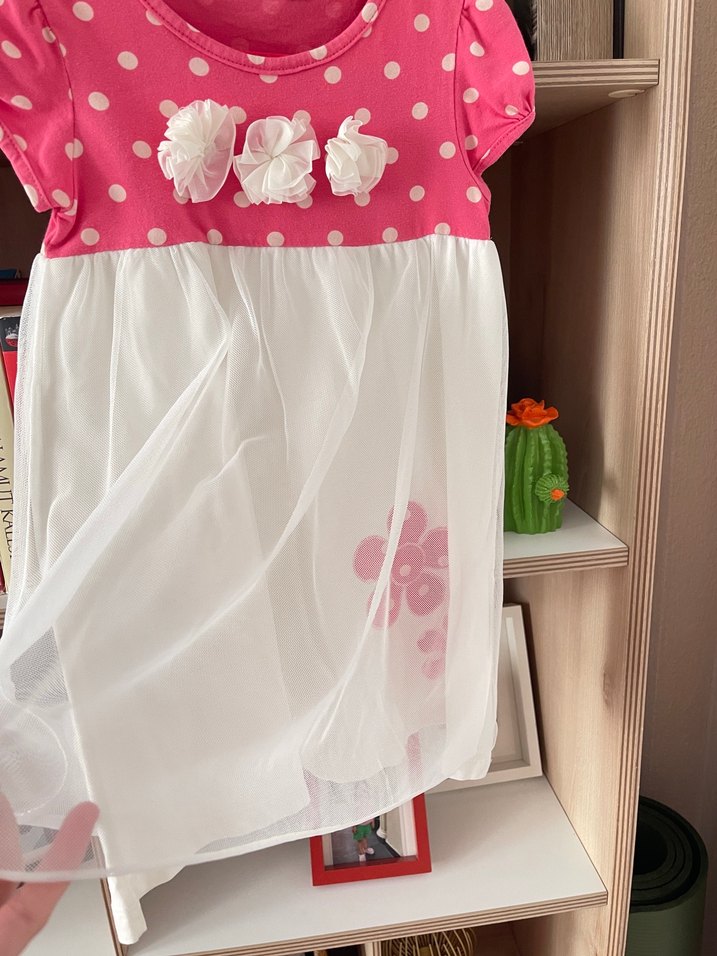 Kız Çocuk Pembe Kısa Kollu Pamuklu Elbise - Görsel 2