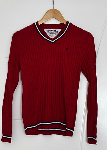 Tommy Hilfiger Kırmızı V Yaka Örgü Kadın Kazak