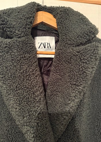 Zara Koyu Yeşil Peluş Kürk Kaban - Görsel 3
