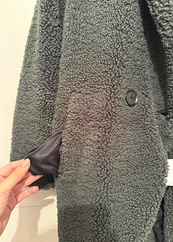 Zara Koyu Yeşil Peluş Kürk Kaban - Görsel 5