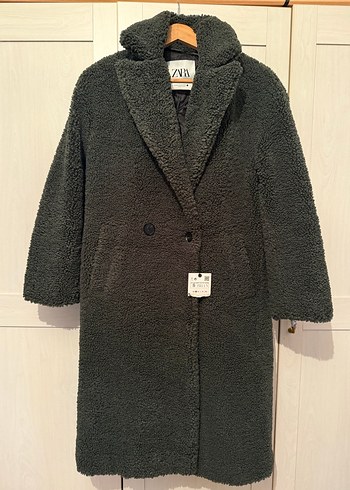 Zara Koyu Yeşil Peluş Kürk Kaban - Görsel 2