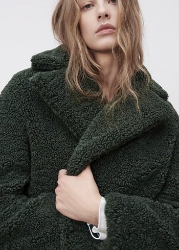 Zara Koyu Yeşil Peluş Kürk Kaban - Görsel 7