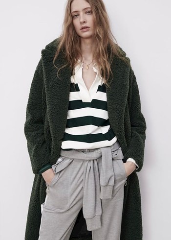 Zara Koyu Yeşil Peluş Kürk Kaban - Görsel 8