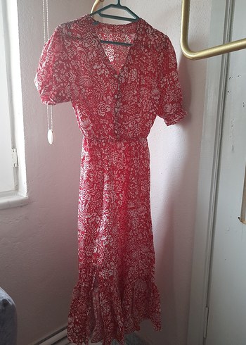 Kırmızı V Yaka Bohem Midi Elbise - Görsel 3