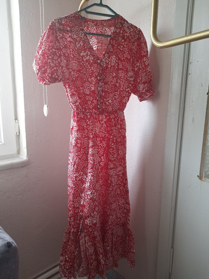 Kırmızı V Yaka Bohem Midi Elbise - Görsel 3