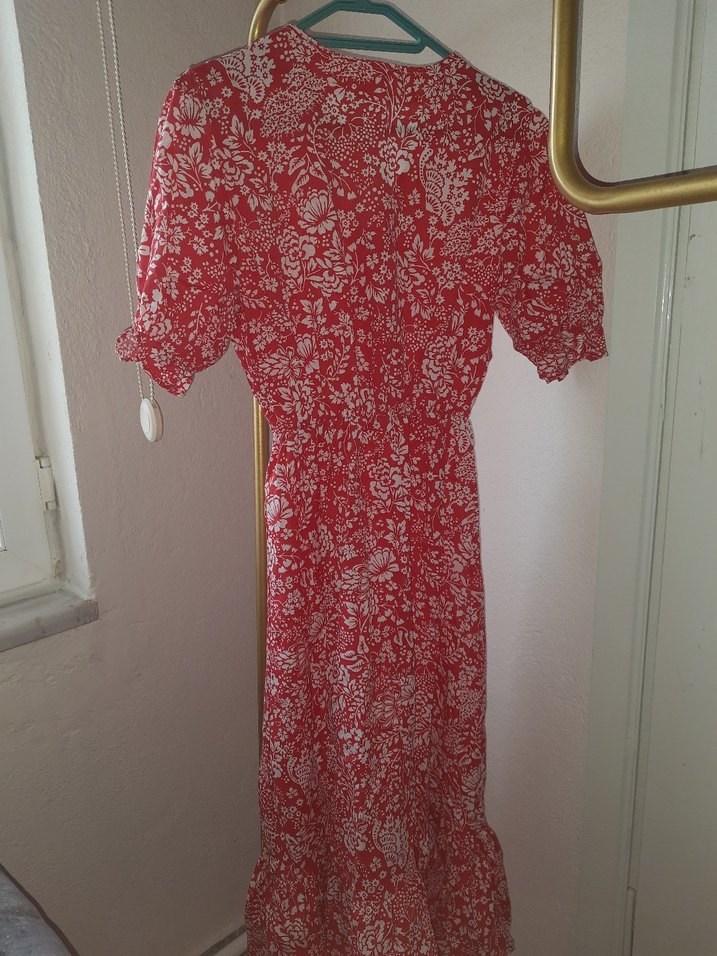 Kırmızı V Yaka Bohem Midi Elbise - Görsel 2