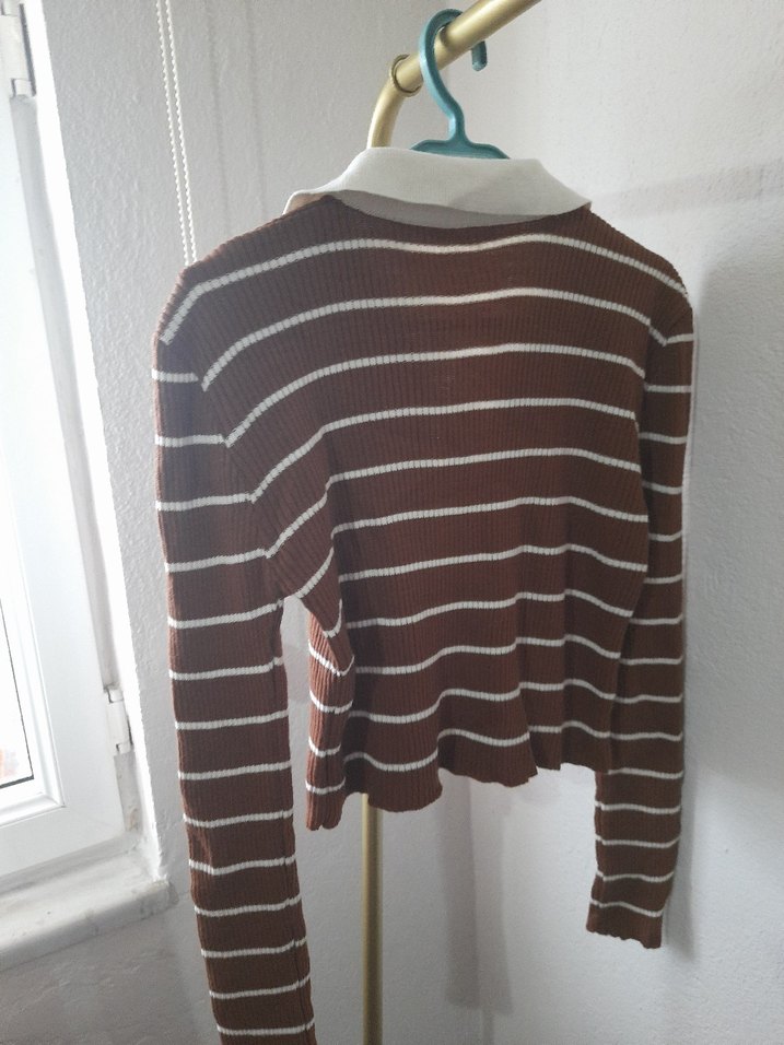 Kadın Kahverengi Çizgili Triko Gömlek Yaka Kazak - Görsel 3