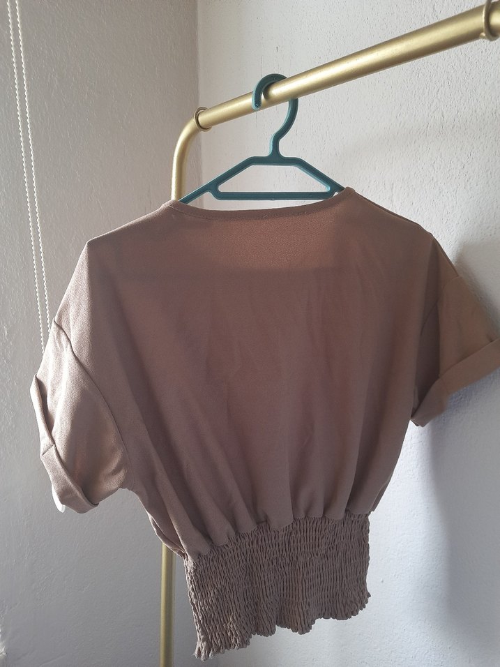 Bej Keten Kadın Tişört, Kısa Kollu, Salaş - Görsel 2