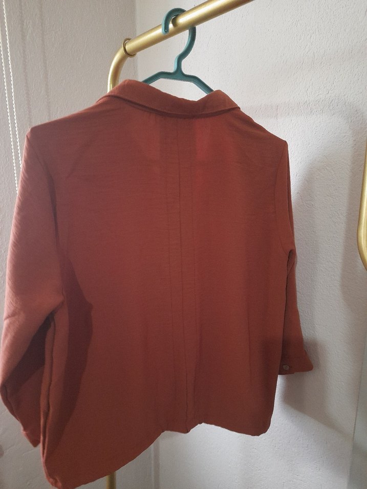 Düğmeli Kahverengi Keten Gömlek - Görsel 2