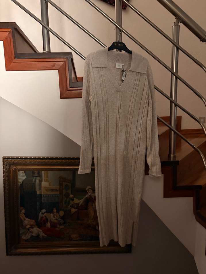 Bej Uzun Kollu kaşmir Örgü Kadın elbise vakko - Görsel 3