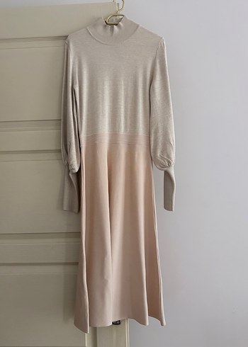 Bej Yüksek Yakalı Pilili Midi Triko Elbise - Görsel 6