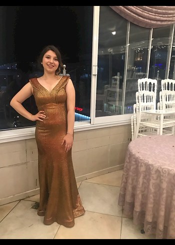 Abiye Gold Desenli Uzun Abiye Elbise