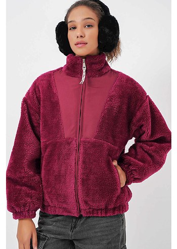 xl Beden bordo Renk Bordo Peluş Kadın Ceket, Salaş Kesim