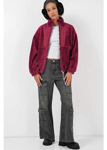 Bordo Peluş Kadın Ceket, Salaş Kesim