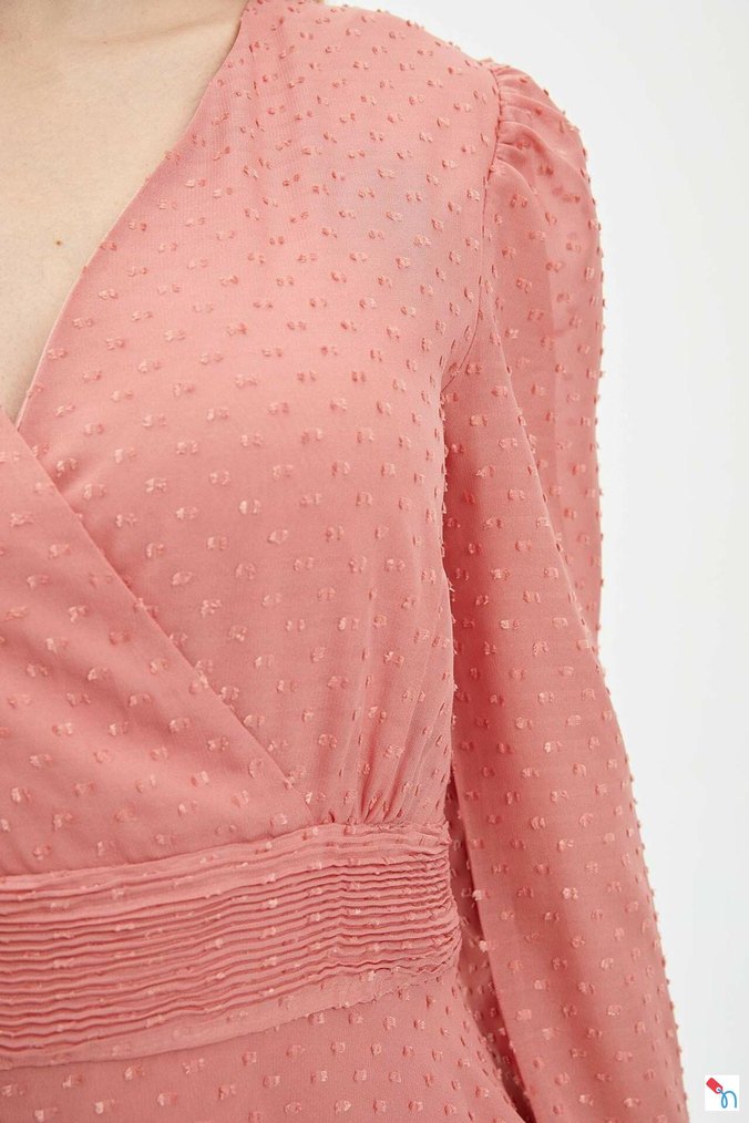 Yavruağzı Pilili V Yaka Midi Elbise - Görsel 2