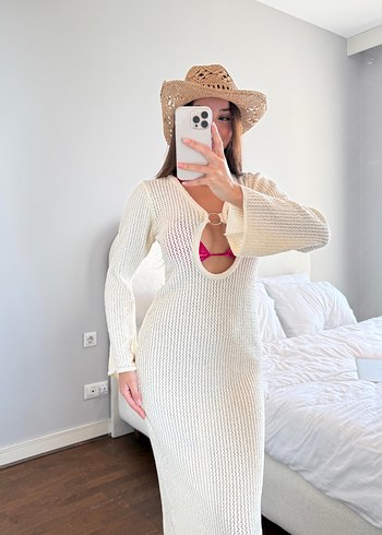 Beyaz V Yaka Uzun Triko Elbise - Görsel 10