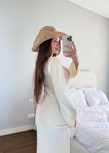 Beyaz V Yaka Uzun Triko Elbise - Görsel 5