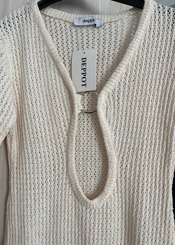 Beyaz V Yaka Uzun Triko Elbise - Görsel 8