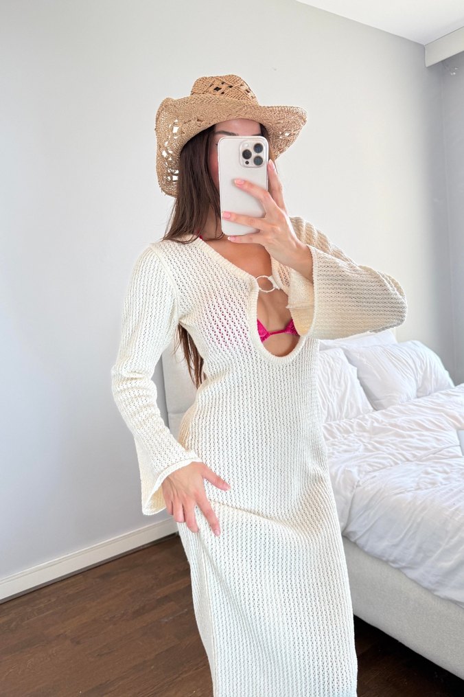 Beyaz V Yaka Uzun Triko Elbise - Görsel 3