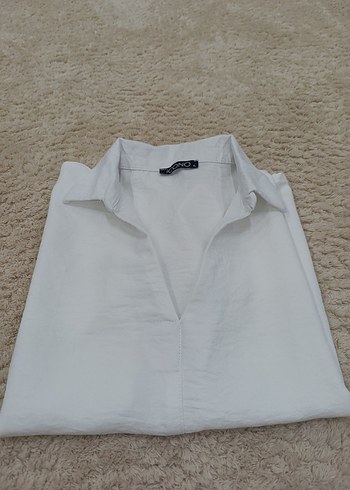 Kadın Beyaz Keten Kısa Kollu Gömlek Bluz - Görsel 4