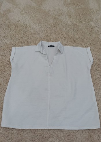 Kadın Beyaz Keten Kısa Kollu Gömlek Bluz - Görsel 2