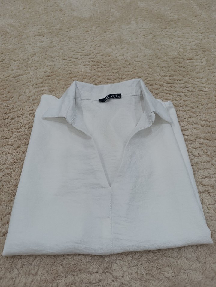 Kadın Beyaz Keten Kısa Kollu Gömlek Bluz - Görsel 4