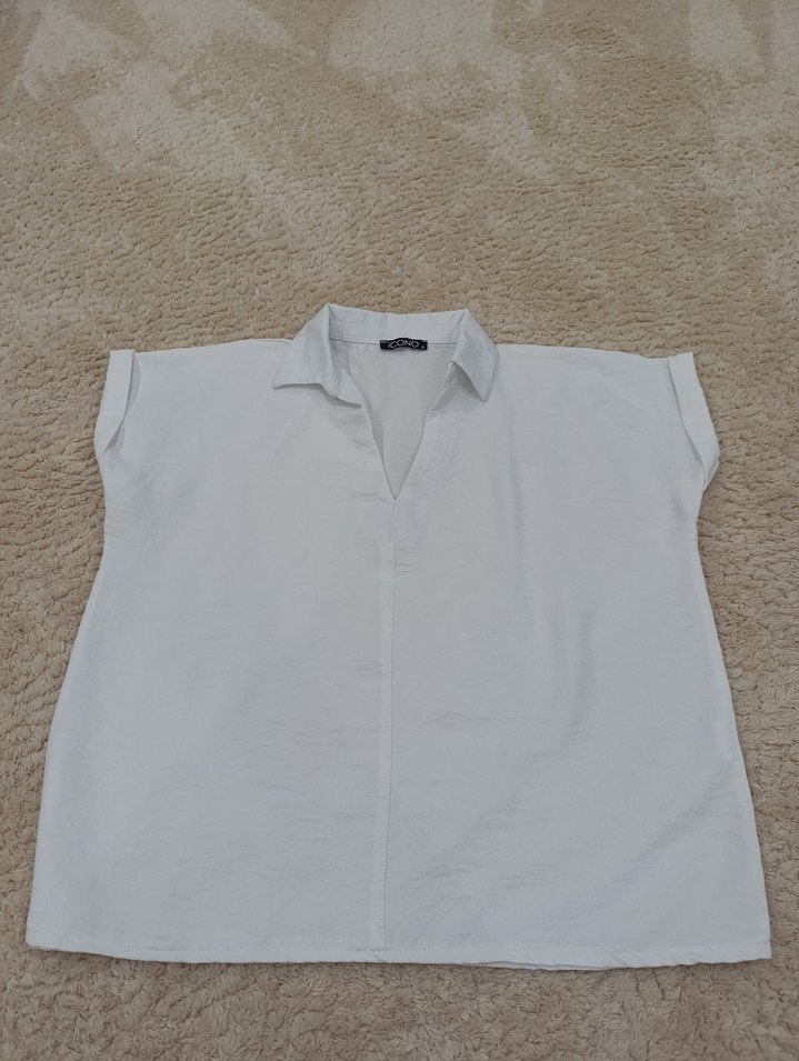 Kadın Beyaz Keten Kısa Kollu Gömlek Bluz - Görsel 2