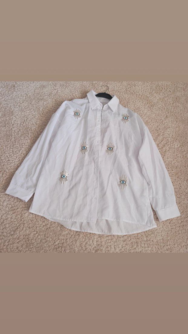 Nakışlı Beyaz Uzun Kollu Keten Gömlek - Görsel 3