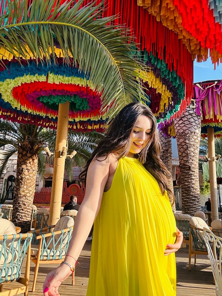 Sarı Midi  Elbise Kayık Yaka, Kısa Kollu - Görsel 2