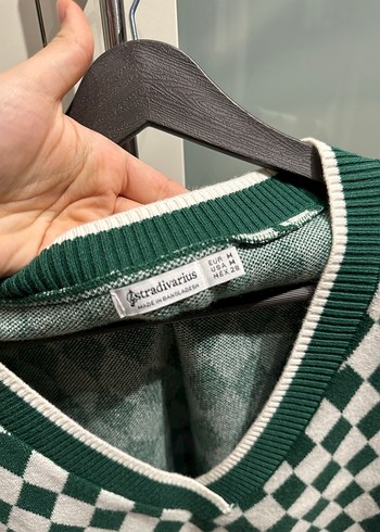 Yeşil Ekose Örgü V Yaka Süveter - Görsel 2