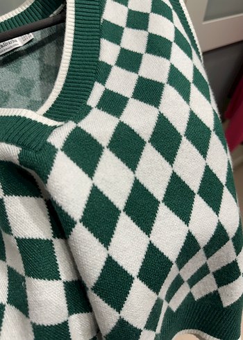 Yeşil Ekose Örgü V Yaka Süveter - Görsel 3