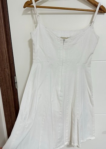 Beyaz Keten Midi Askılı Elbise - Görsel 4