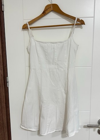 Beyaz Keten Midi Askılı Elbise - Görsel 2