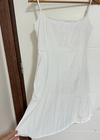 Beyaz Keten Midi Askılı Elbise - Görsel 3