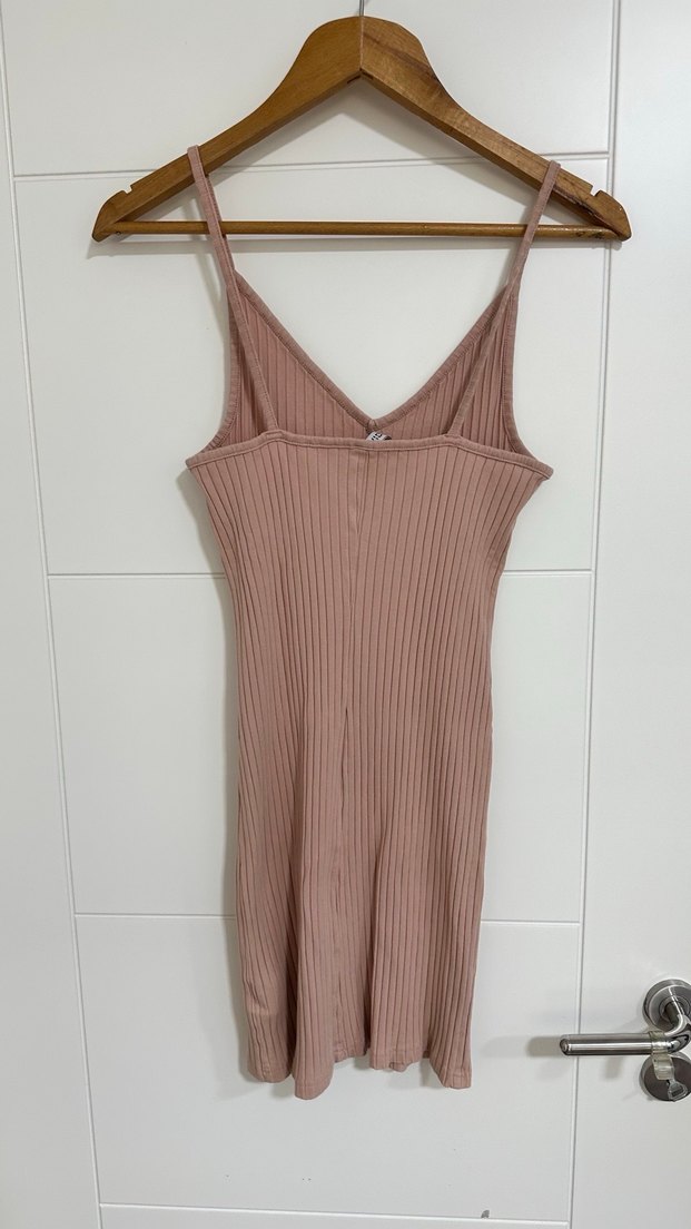 Bej Midi İnce Askılı Triko Elbise - Görsel 2