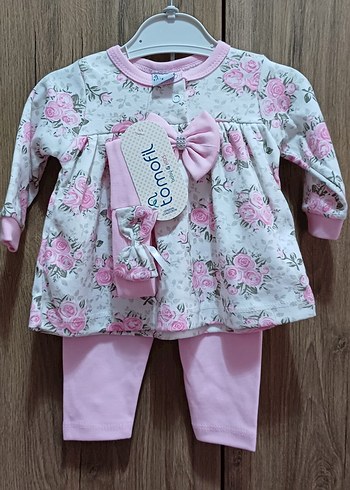 Pembe Çiçekli Dantelli Bebek Kız Takımı