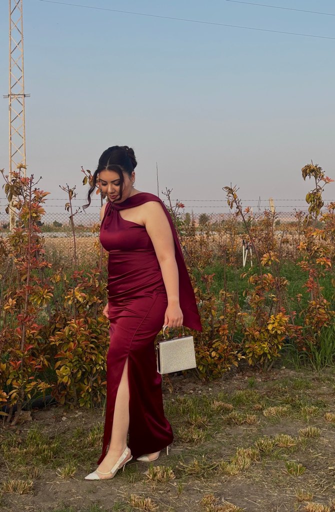 Bordo Drapeli Uzun Abiye Elbise - Görsel 2