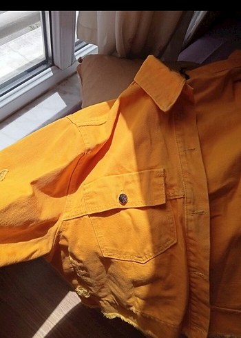 Düğmeli Sarı Kadın Kot Ceket - Görsel 5