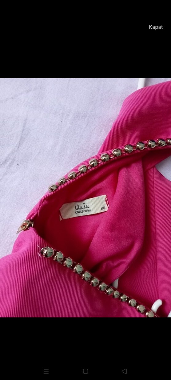 Pembe V Yaka Saten Kalem Elbise - Görsel 5