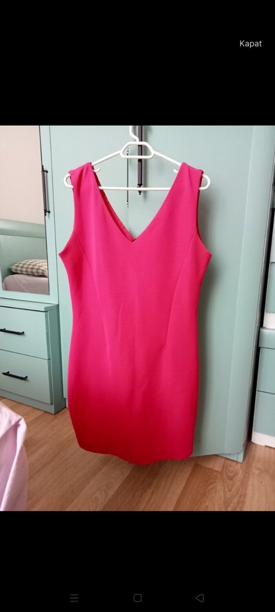 Pembe V Yaka Saten Kalem Elbise - Görsel 4